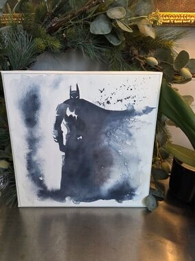 Batman Watercolor Silhouette Canvas Art - Navy and White 12x12